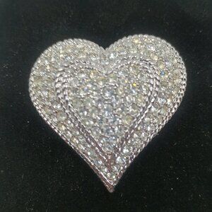 Vintage Signed E.Pearl Silver tone metal and clear rhinestone Heart Pendant/Bro
